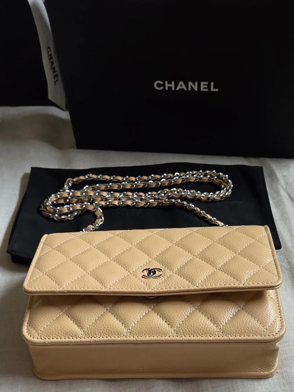 CHANEL Classic Wallet on Chain WOC Beige Caviar Silver Hardware